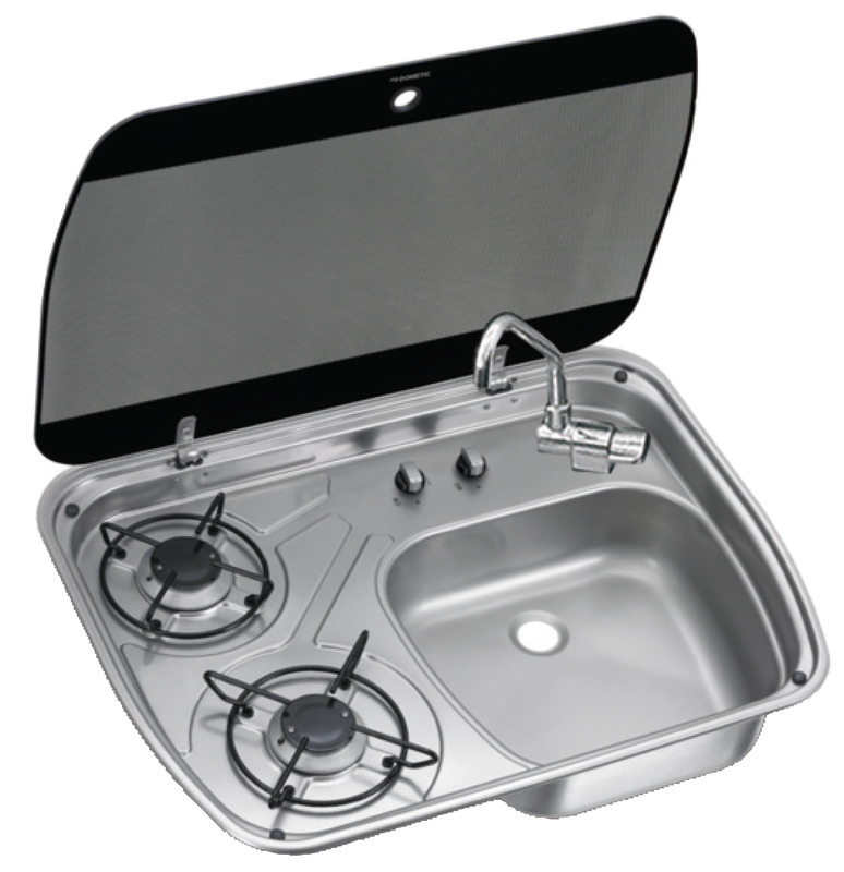SMEV/DOMETIC Kochfeld aus rostfreiem Edelstahl. Abdeckung aus temperiertem Rauchglas.