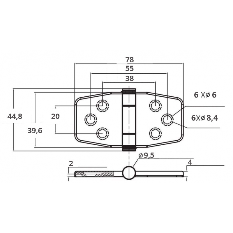 HINGE IN STAINLESS STEEL AISI 316 WITH HALF BUILT-IN KNOT